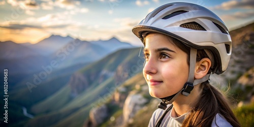 Close-up portrait of Caucasian young beautiful girl in a bike helmet on mountain background, space for text. Mountain bike on offroad, portrait of cyclist at sunset. extreme, fitness © Bondgofoto