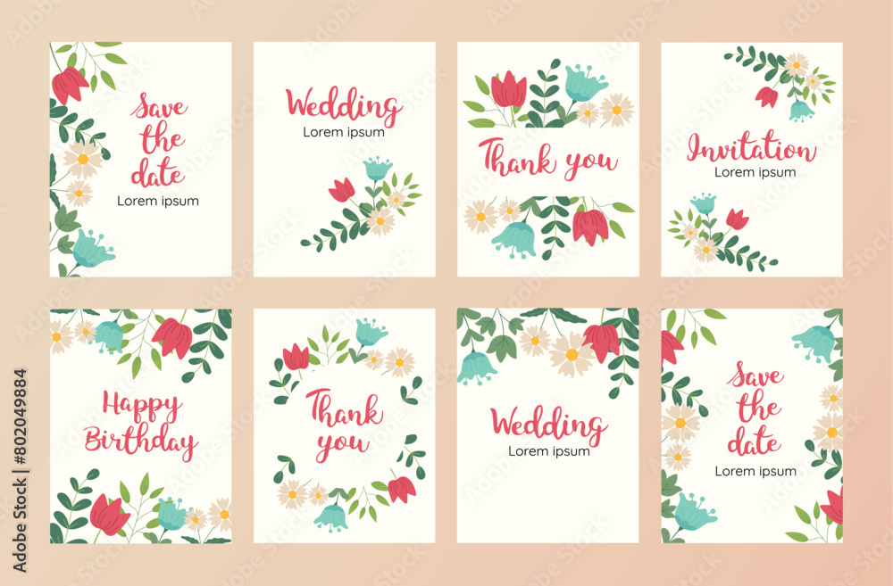 Set of cards with flowers and leaves. Wedding ornament concept, pastel colors. Vector decorative greeting card or invitation design background