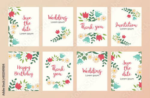 Set of cards with flowers and leaves. Wedding ornament concept  pastel colors. Vector decorative greeting card or invitation design background
