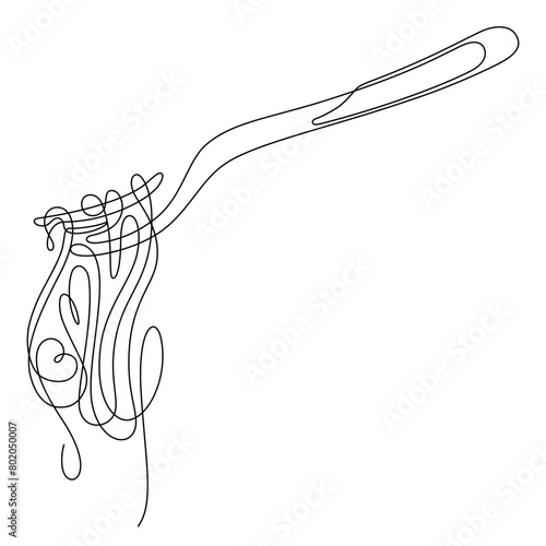 one line drawing of spaghetti rolled with fork close up