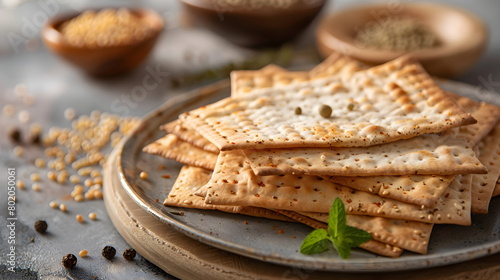 A stack of savory square crackers lies in a bowl against a gray table background with a seasoning of black pepper. Crispy crackers, crispbreads, diet breads photo