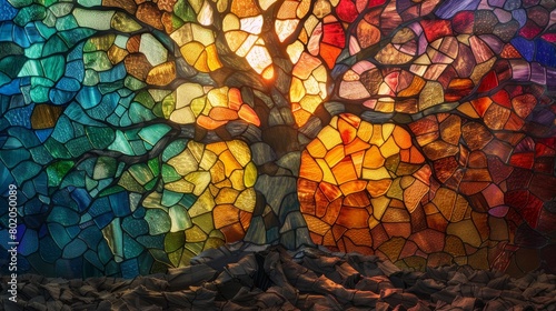 Vibrant Stained Glass Tree of Life Artwork Generative AI photo