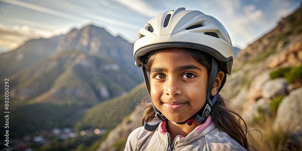Close-up portrait of indian young beautiful girl in a bike helmet on mountain background, space for text. Mountain bike on offroad, portrait of cyclist at sunset. extreme, fitness Close-up portrait of indian young beautiful girl in a bike helmet on mountain background, space for text. Mountain bike on offroad, portrait of cyclist at sunset. extreme, fitness