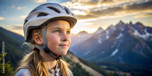 Close-up portrait of white young beautiful girl in a bike helmet on mountain background, space for text. Mountain bike on offroad, portrait of cyclist at sunset. extreme, fitness © Bondgofoto