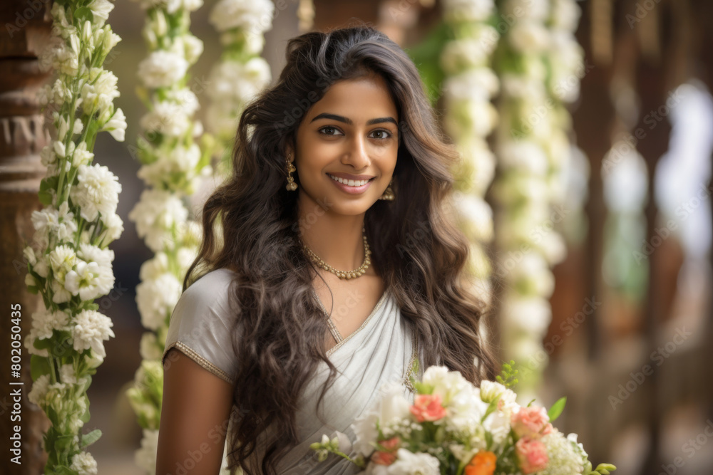 A smiling young Indian woman wearing ethnic costumes against a background filled with flowers
A smiling young Indian woman wearing ethnic costumes against a background filled with flowers