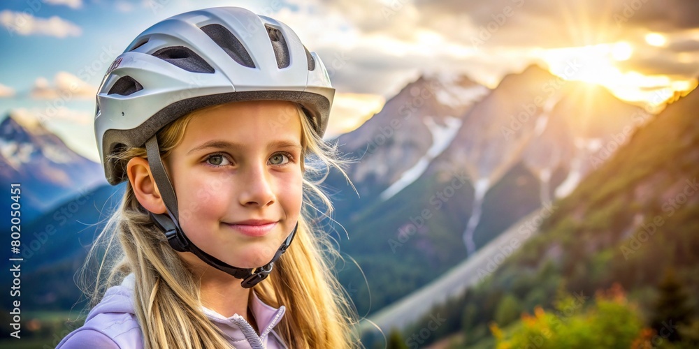 Close-up portrait of white young beautiful girl blonde hair in a bike helmet on mountain background, space for text. Mountain bike on offroad, portrait of cyclist at sunset. extreme, fitness Close-up portrait of white young beautiful girl blonde hair in a bike helmet on mountain background, space for text. Mountain bike on offroad, portrait of cyclist at sunset. extreme, fitness