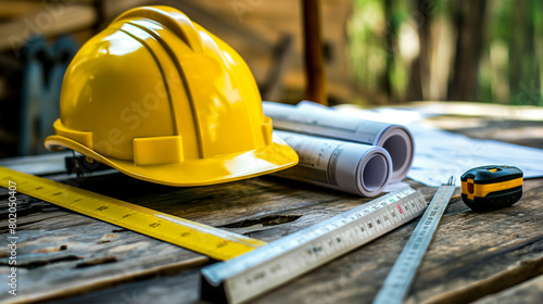 A yellow hard hat sits on a wooden table next to a set of blueprints and a tape measure.