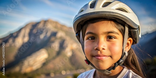 Close-up portrait of latin young beautiful girl in a bike helmet on mountain background, space for text. Mountain bike on offroad, portrait of cyclist at sunset. extreme, fitness © Bondgofoto