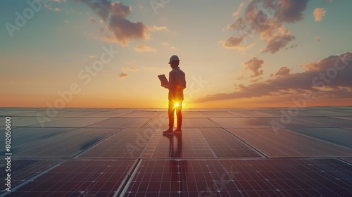 An young engineer is checking with tablet an operation of sun and cleanliness on field of photovoltaic solar panels on a sunset. Concept: renewable energy, technology, electricity, service, green