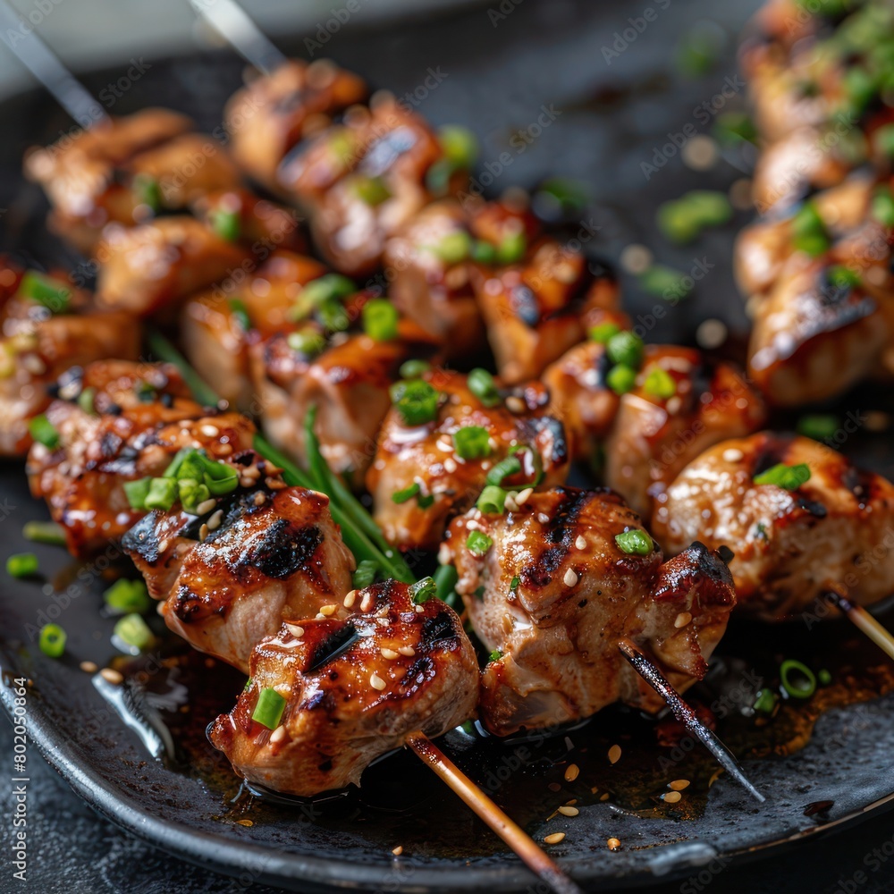chicken yakitori, grilled chicken skewers infused with herbs and spices, garnished with spring onions 