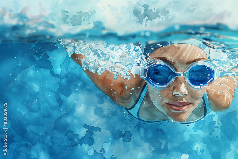 Swimming sport illustration. Female swimmer under water and splash  water, banner for swimming competition