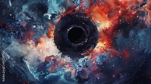 Watercolor painting featuring a black hole, splattering technique used to mimic the chaotic debris and energy emission, set against a deep space backdrop