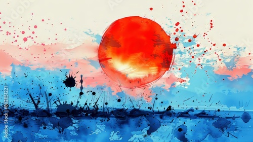 Watercolor and black mascara illustration of a countryside at sunset, abstract blue paint splashes creating the sky, with a bold red sun descending