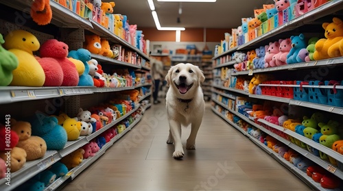 dog walking through a store aisle filled with dog toys,generative.ai photo