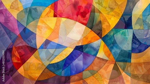 Watercolor canvas of abstract geometric forms, contrasting sharp angles in warm tones against curved shapes in cool shades