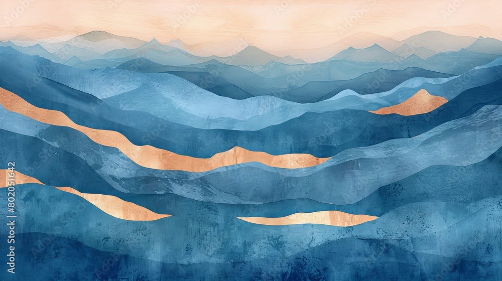 Watercolor gradient mimicking a mountain scene at sunset, colors flowing from molten gold peaks to cool, shadowed valleys in deep blue Watercolor gradient mimicking a mountain scene at sunset, colors flowing from molten gold peaks to cool, shadowed valleys in deep blue