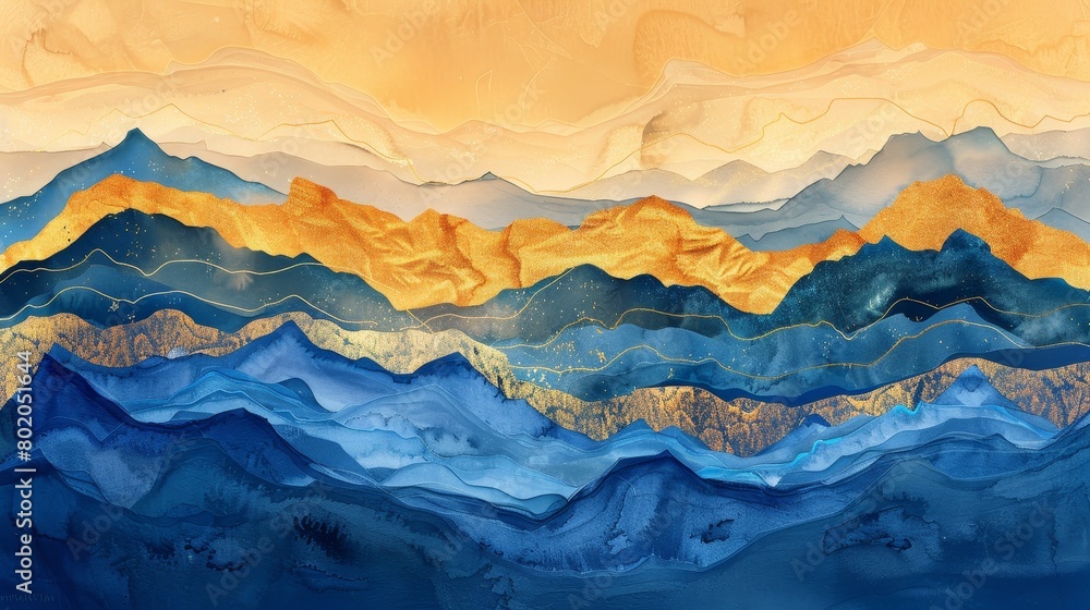 Watercolor gradient mimicking a mountain scene at sunset, colors flowing from molten gold peaks to cool, shadowed valleys in deep blue