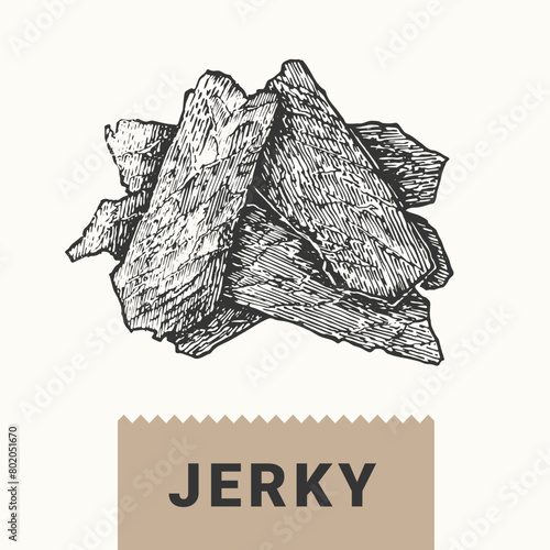 Meat jerky illustration. Vector hand drawing of sliced and dried meat isolated on a white background.