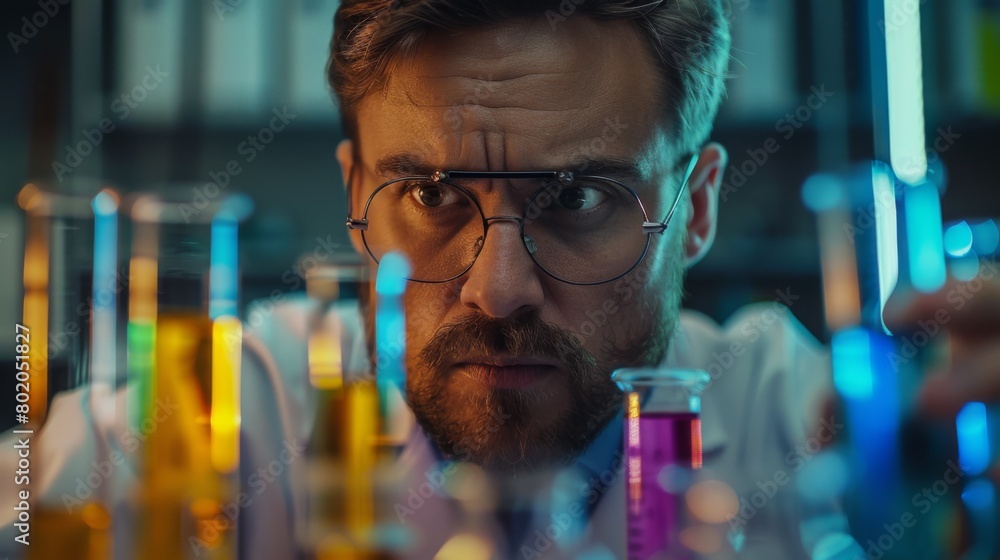 A scientist carefully examining testing tubes filled with colorful liquids, conducting crucial research in a modern laboratory. A scientist carefully examining testing tubes filled with colorful liquids, conducting crucial research in a modern laboratory.