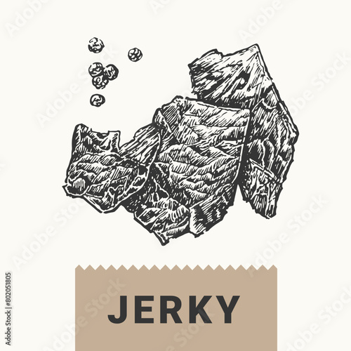 Meat jerky illustration. Vector hand drawing of sliced and dried meat isolated on a white background.