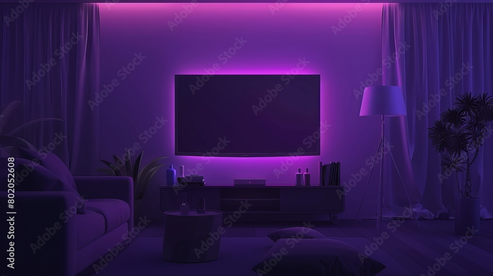 Animated illustration of a flat plasma TV set hanging on the wall in the middle of a dark living room at night, with the screen glowing, a stand, a couch, and a floor lamp.
