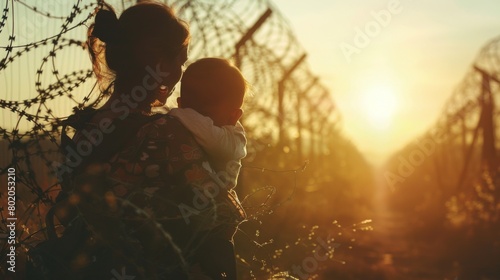A Latin American woman holds a child in her arms, an illegal immigrant stands against the backdrop of barbed wire on the border between Mexico and America. emigration crisis in America and Texas