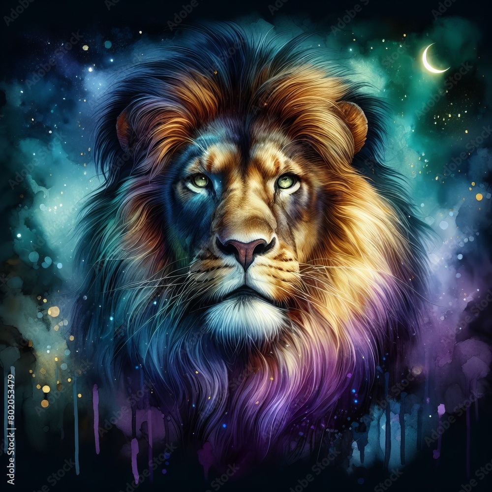 A majestic and colorful lion painted in watercolor against a dark background