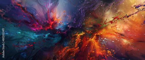 Splashes of crimson, indigo, and ochre merge and diverge, creating a vivid dreamscape of abstract imagination. photo