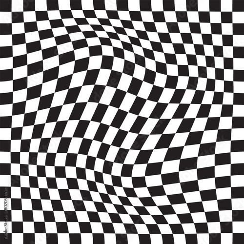 Black and white checker pattern vector illustration. Chess board. Abstract checkered checkerboard for game. Grid geometric square shape. Race flag. Retro mosaic checkerboard psychedelic pattern.
