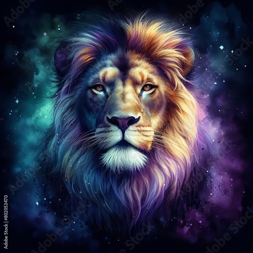 A majestic and colorful lion painted in watercolor against a dark background © AlbertBS