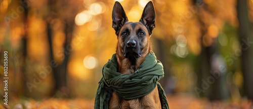 The portrait of a young Belgian Shepherd dog Malinois posing outdoors in autumn wearing a green shemagh scarf around its neck photo