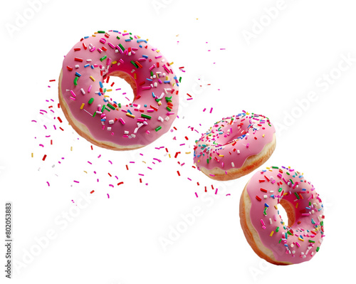 Round donut doughnut, pink set on transparent background