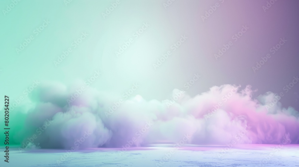 Fototapeta premium A large cloud of smoke hovers in the empty mint green pastel background, creating a striking visual element