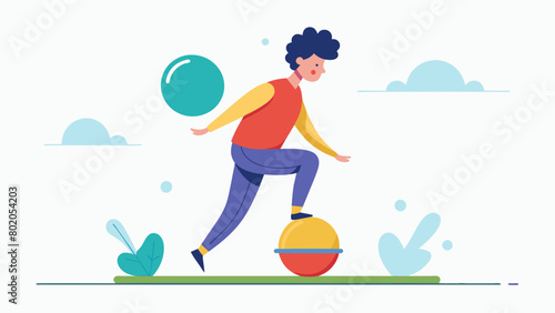A person with SPD struggling to balance on a balance ball during occupational therapy as they work on improving their body awareness and coordination.. Vector illustration