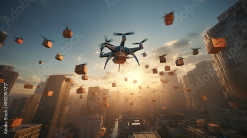 Autonomous drone hovers in the sky, delivering a package swiftly above a congested city street filled with cars stuck in a traffic jam, showcasing the efficiency of modern aerial delivery services photo