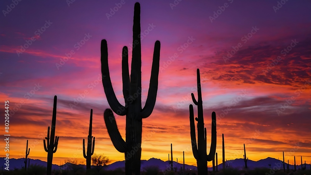 Saguaro cactus at sunset with colorful sky and clouds