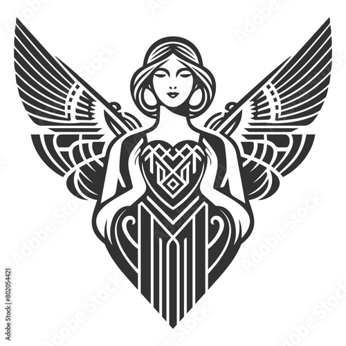 angel holding a heart symbol art deco geometric line art.