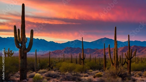 Saguaro cactus at sunset with colorful sky and clouds