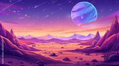 The landscape of Mars is a sunset background with a purple desert surface and flying cosmic dust. It is animated with a big sphere in the blue sky, and is set amidst a Martian horizon with the sky of © Mark