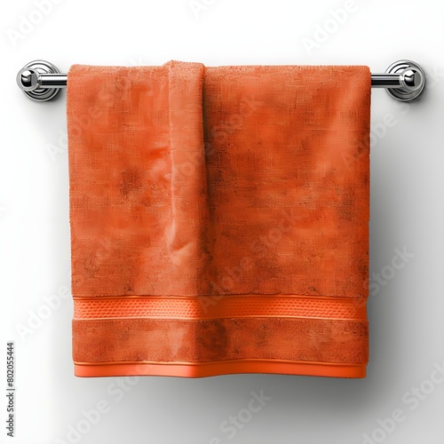 orange towel is hanging on the towel rack on white background © Feroz