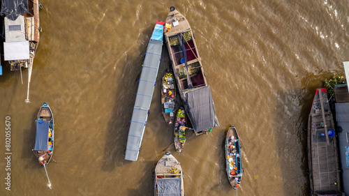 Top-down view of View of Cai Rang Floating market in Can Tho Vietnam Mekong river Delta