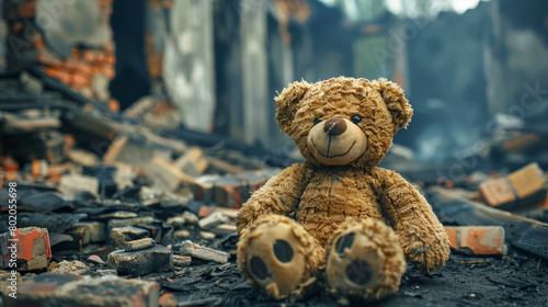 Close-up of dirty shabby teddy bear against burned house destruction of consequences of military conflict. Generative AI