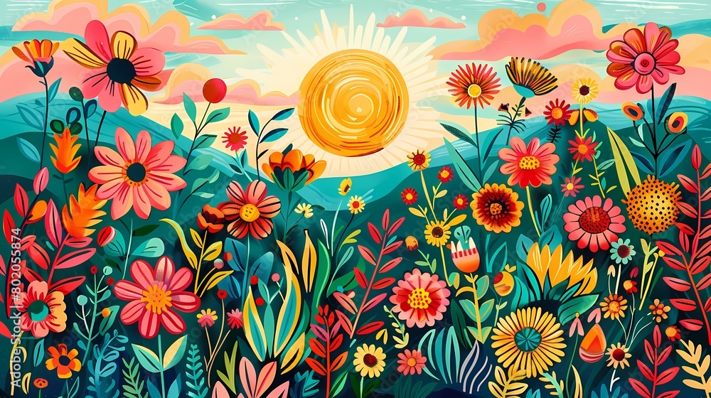 Colorful garden with flowers illustration poster background Colorful garden with flowers illustration poster background