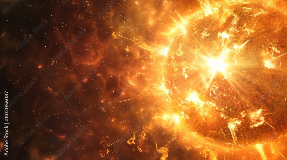 Earth's sun in outer space. Artistic concept 3D illustration as lower third shot of solar surface with powerful bursting flares and star protuberances erupting with magnetic storms and plasma flashes