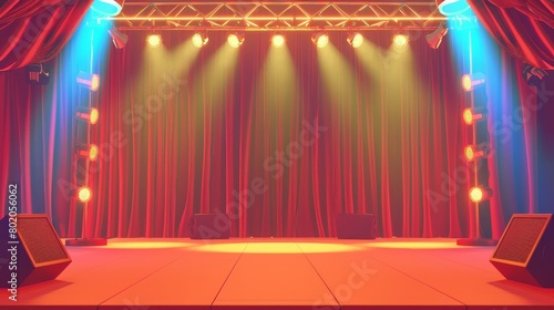 The stage for a concert or show with spotlights, curtains, and a gold arch with light bulbs. Modern cartoon illustration of an empty stage for a music festival, performance, or talent contest. photo