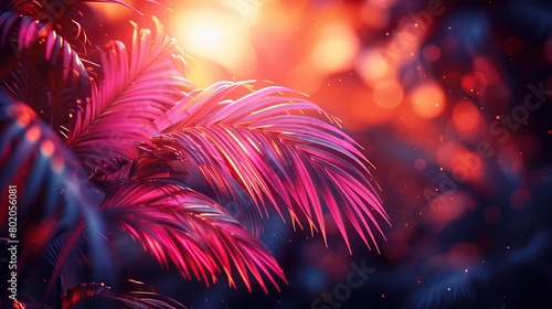 Vivid blue and purple lighting casting a neon glow on tropical palm leaves, creating an exotic and vibrant atmosphere. Neon purple and pink purple toned.