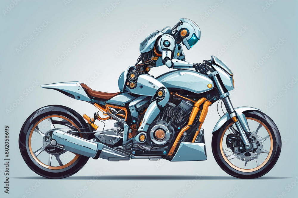 Robot with artificial intelligence on a motorcycle, in the world of digital computers, vector style. Generative AI Robot with artificial intelligence on a motorcycle, in the world of digital computers, vector style. Generative AI