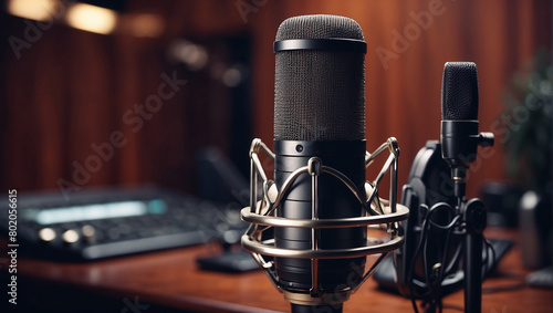 A silver and black microphone is sitting on a black stand in a recording studio.