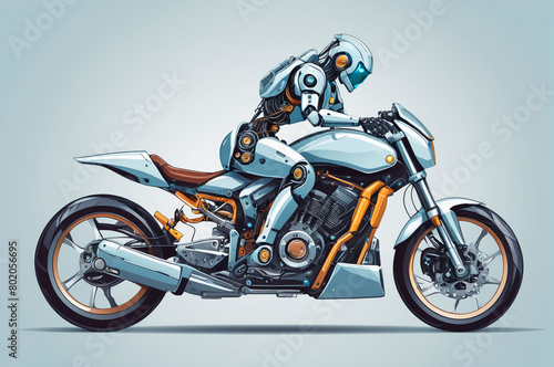 Robot with artificial intelligence on a motorcycle  in the world of digital computers  vector style. Generative AI