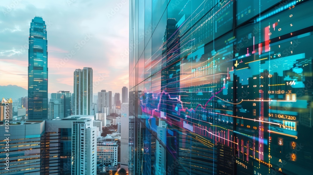 Obraz premium Modern City Skyline with Digital Stock Market Graphs Reflected on Glass Skyscraper Representing Global Economy, Finance, and Trading